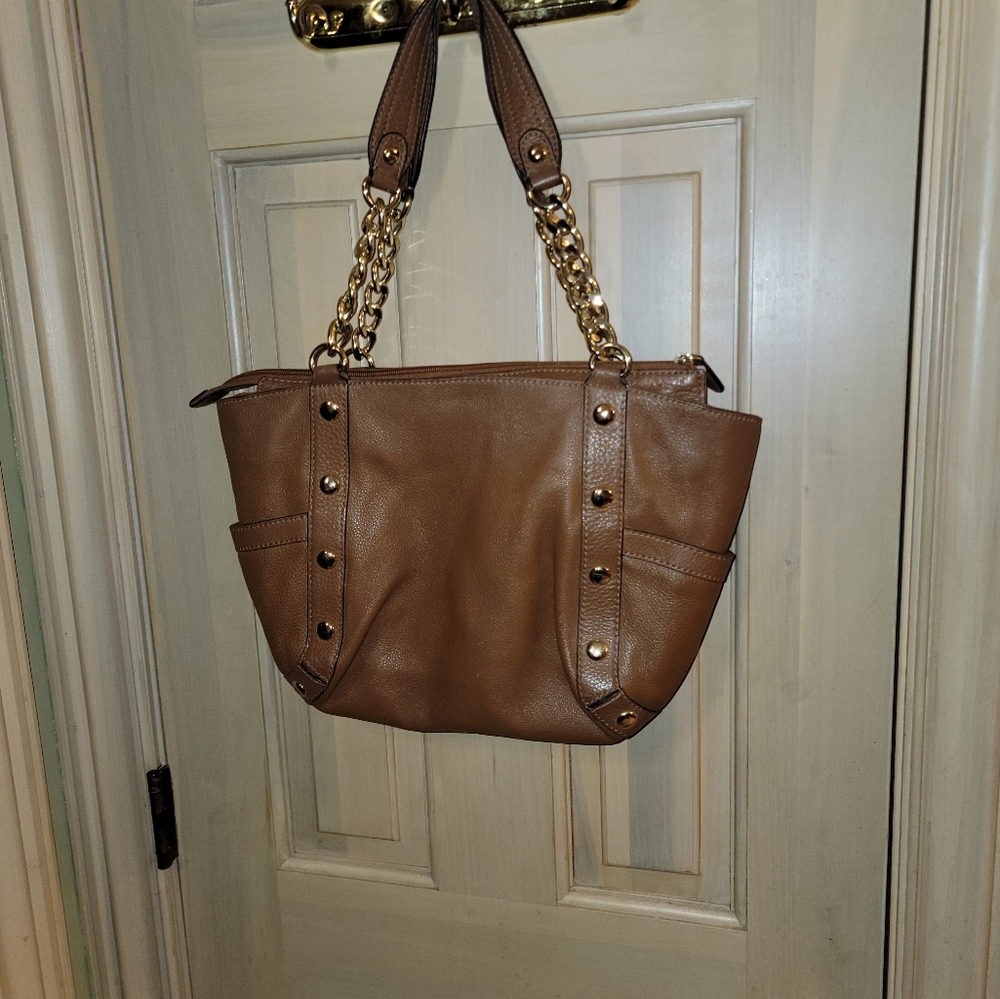 Michael Kors Double Handle Chain And Leather Purse Gold Studs Satchel - Picture 6 of 13